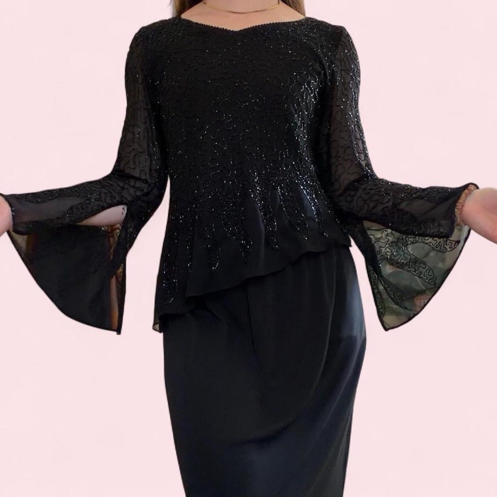 *SOLD* Vintage Black Beaded Bell Sleeve Evening Top